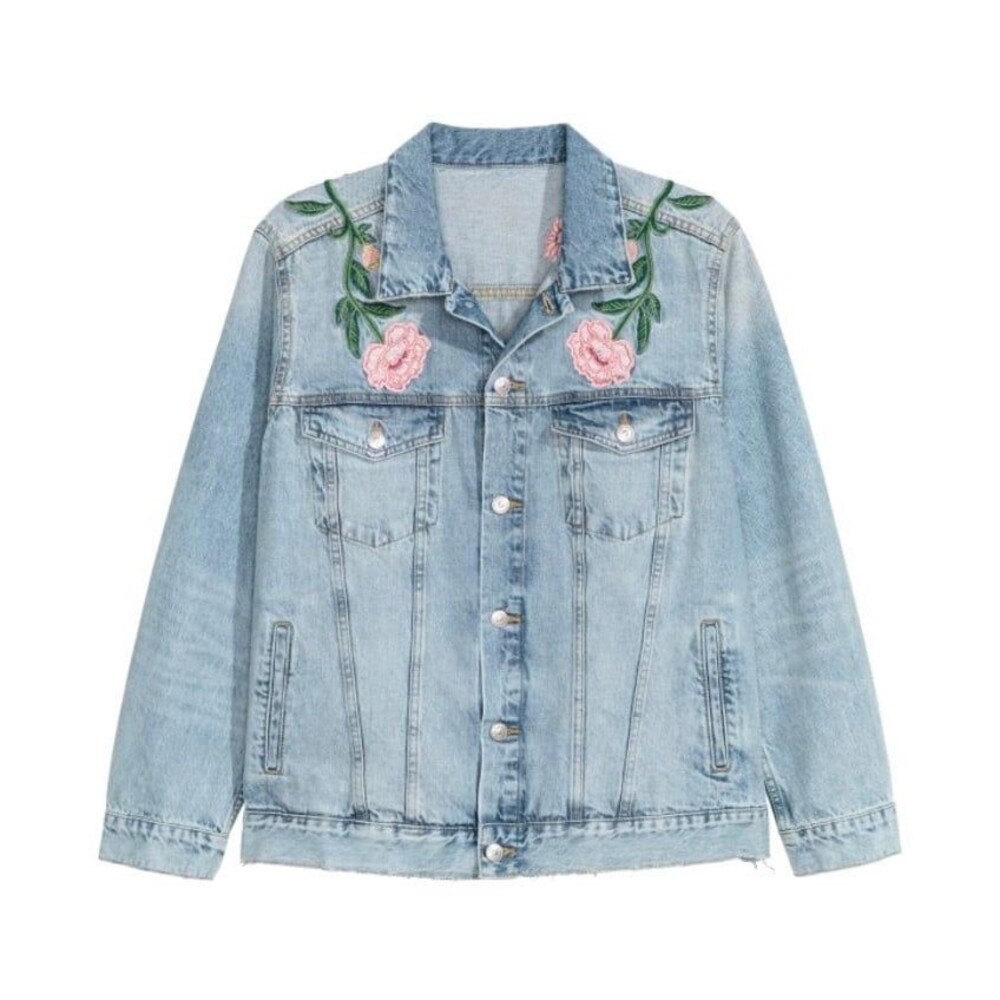 H& M La Belle Vie Jean denim Jacket distressed embroidered flower bees size 8 - Picture 2 of 12